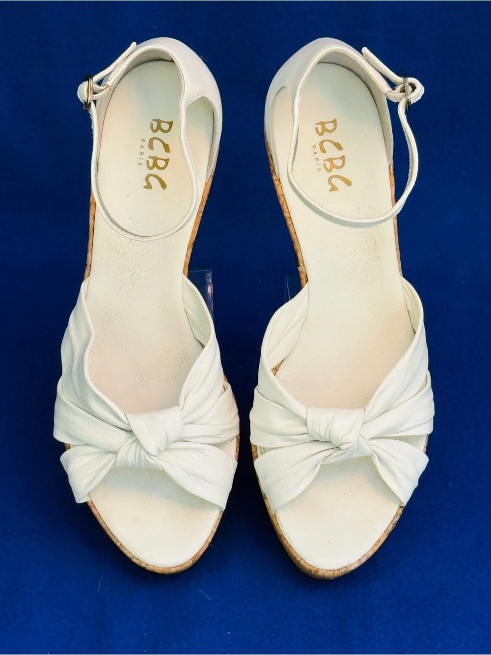 BCBG White Knot Front Cork Wedge Sandals